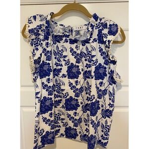 THML Blue White Floral Ruffle Sleeve Pom Pom Trim Cotton Blouse Top Small 078